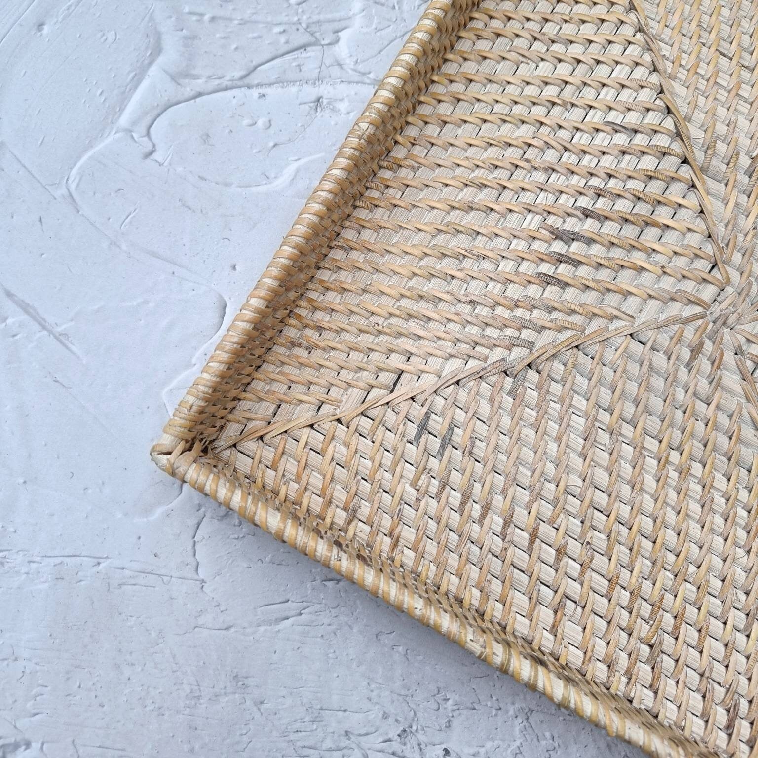 White Woven Rattan Square Tray, Straw Serving Tray, Decorative Boho Tray for Table Decor, Perfume Tray