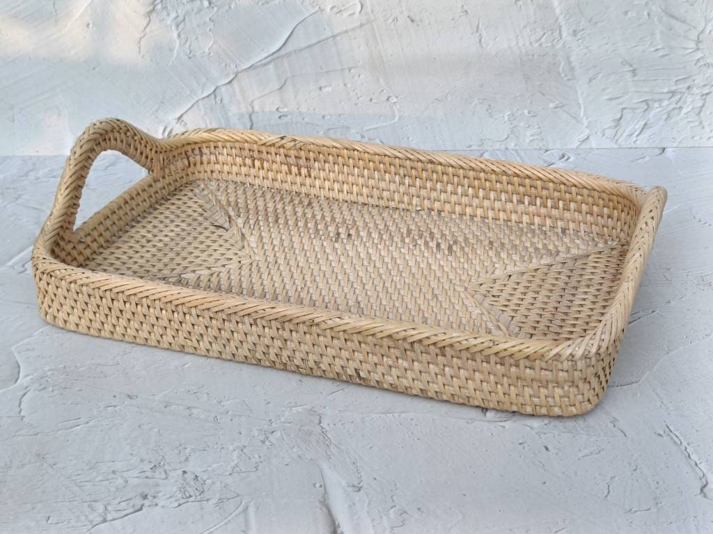 Handcrafted White Rattan Rectangle Tray With Round Handle, Wicker Serving Tray, Coffee Table Tray