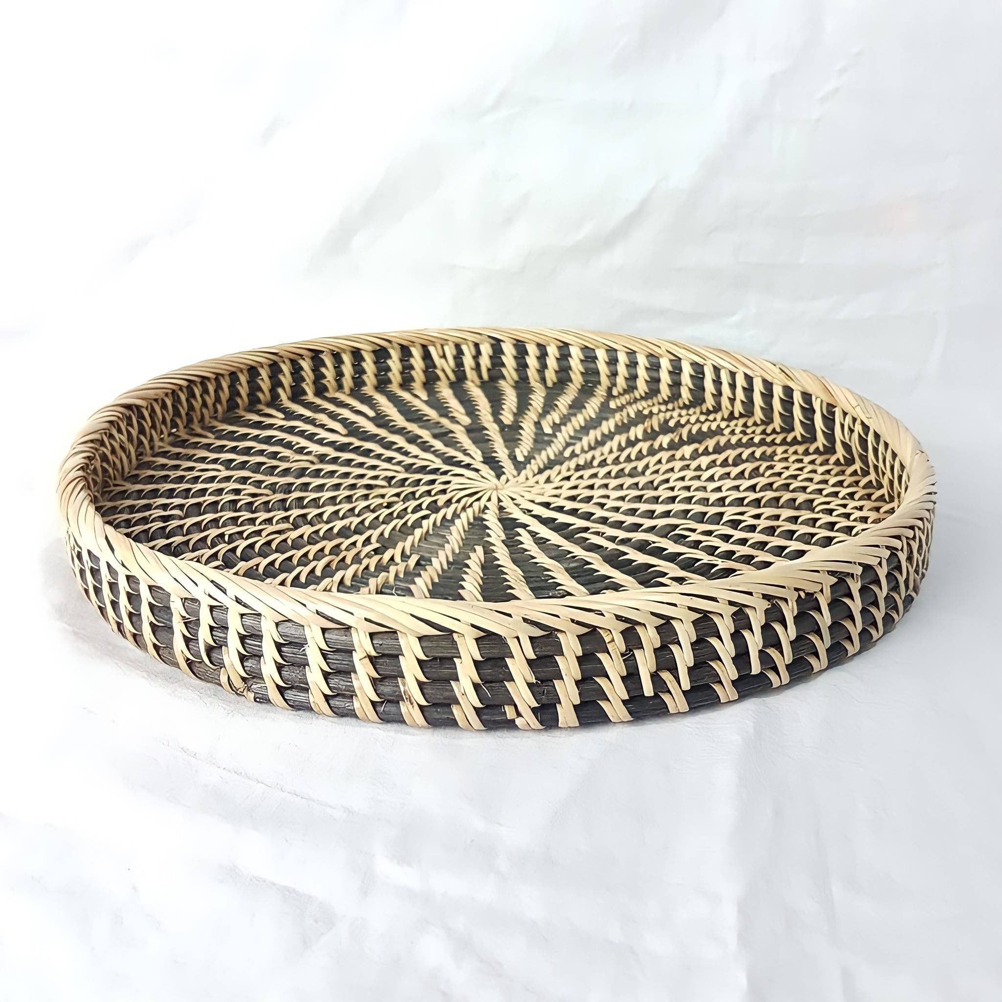 Handwoven Dual Tone Rattan Round Tray, Ottoman Tray, Coffee Table Tray, Round Boho Wicker Serving Tray for Table