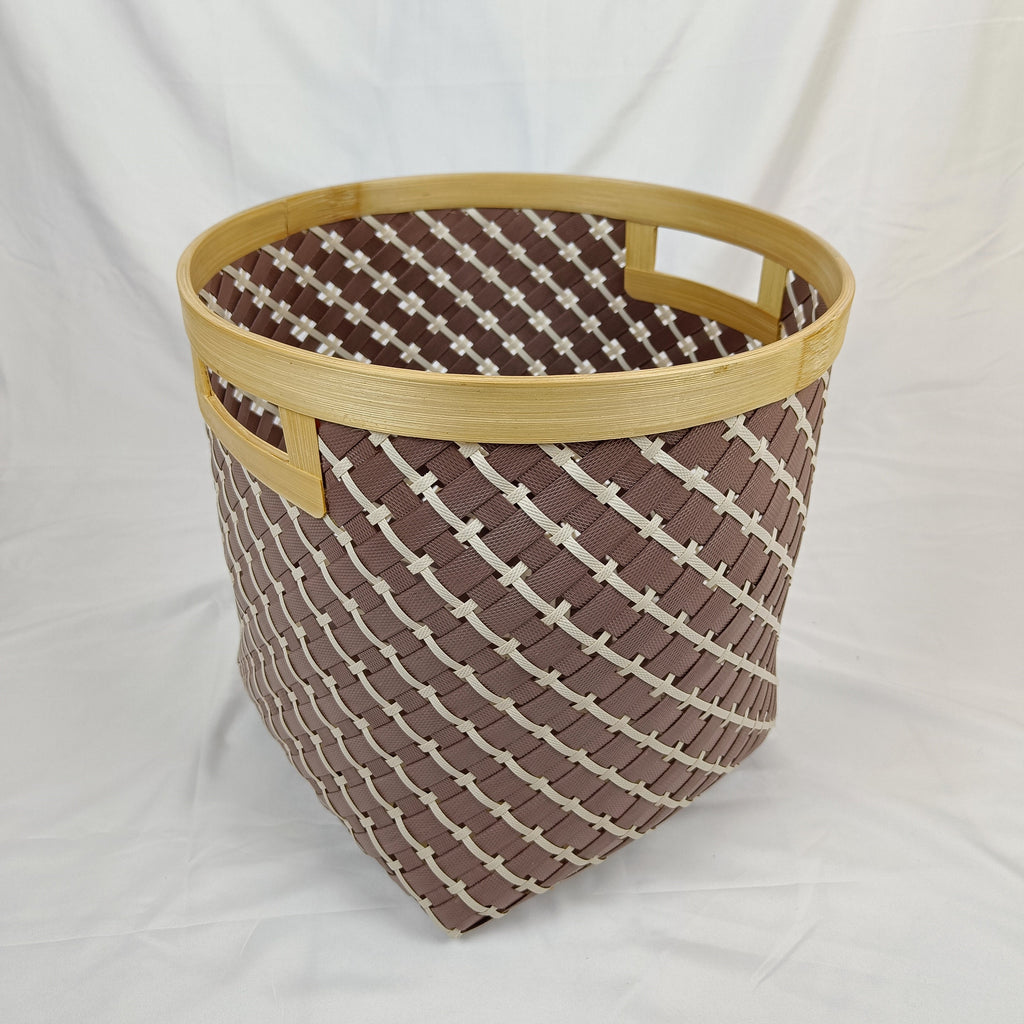 Set 3 Brown Round Bamboo Laundry Basket With Handle, Large Wicker Plant Stand