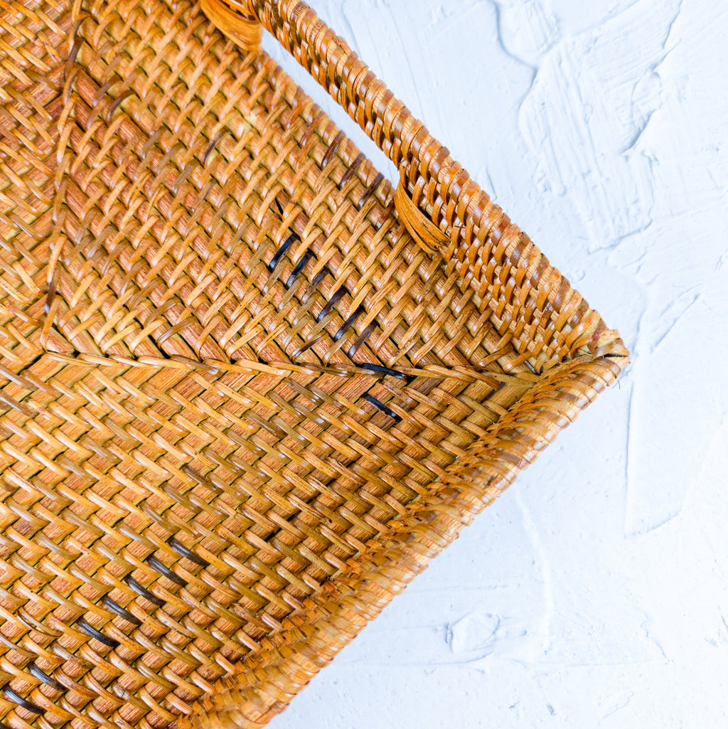 Classic Handmade Natural Woven Rattan Rectangle Tray with Handles for Serving and Decorating - Perfect for Coffee Tables and Home Decor