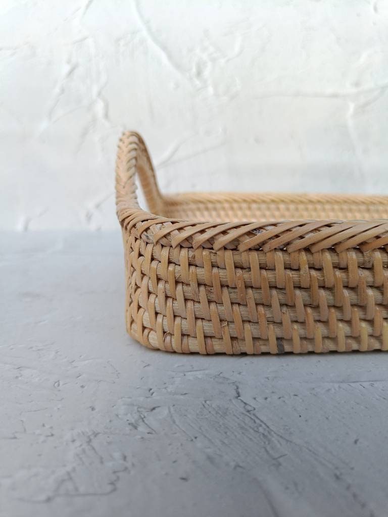 Handcrafted White Rattan Rectangle Tray With Round Handle, Wicker Serving Tray, Coffee Table Tray