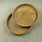 Brown Round Rattan Webbing Tray for Coffee Table, Ottoman Tray, Wicker Boho Decorative Tray