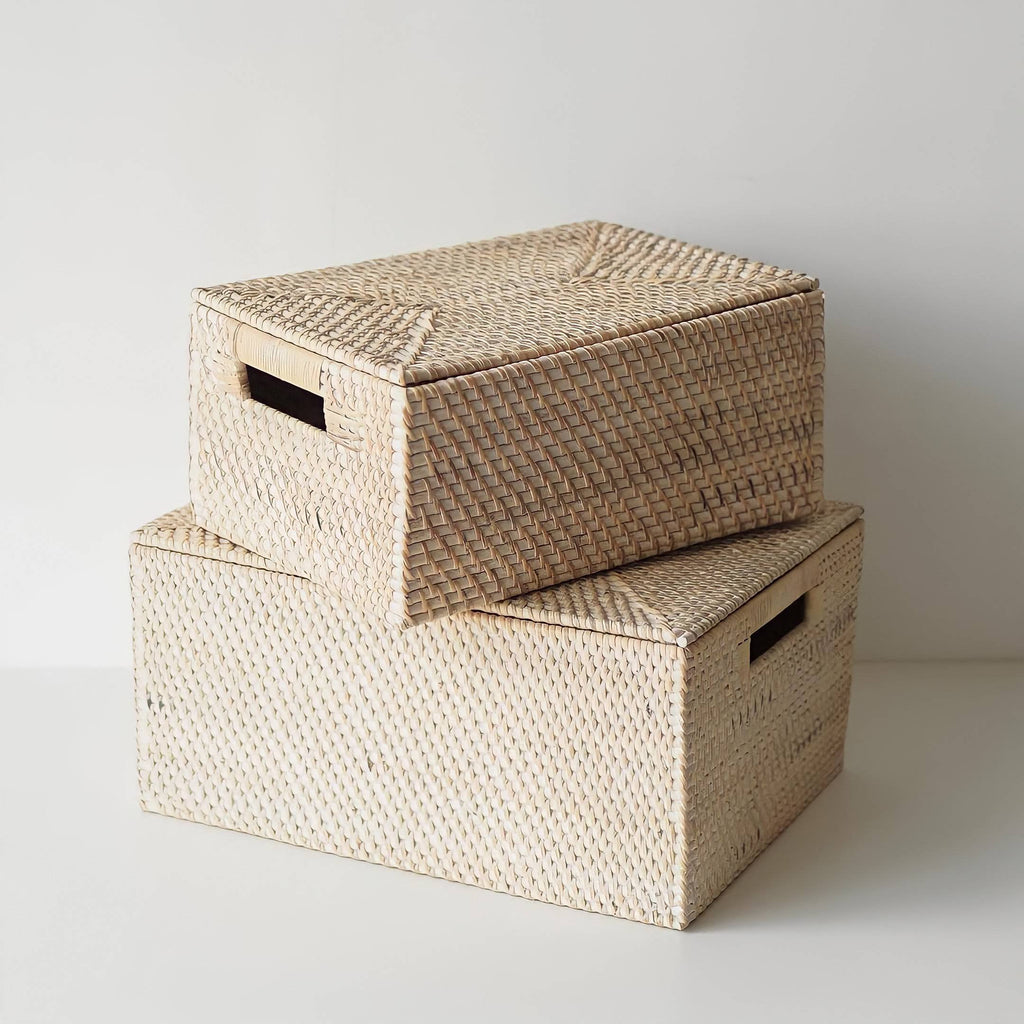 A Pair of White Woven Rattan Storage Box With Lid, Large Organizer Box, Wicker Rectangle Container