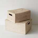 A Pair of White Woven Rattan Storage Box With Lid, Large Organizer Box, Wicker Rectangle Container