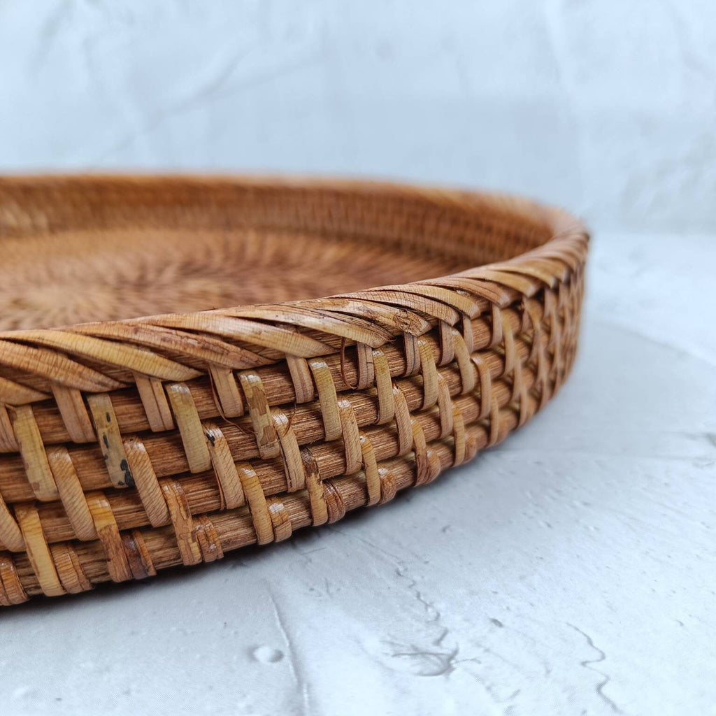 Woven Round Rattan Tray, Boho Tray, Small Round Basket, Wicker Decorative Tray