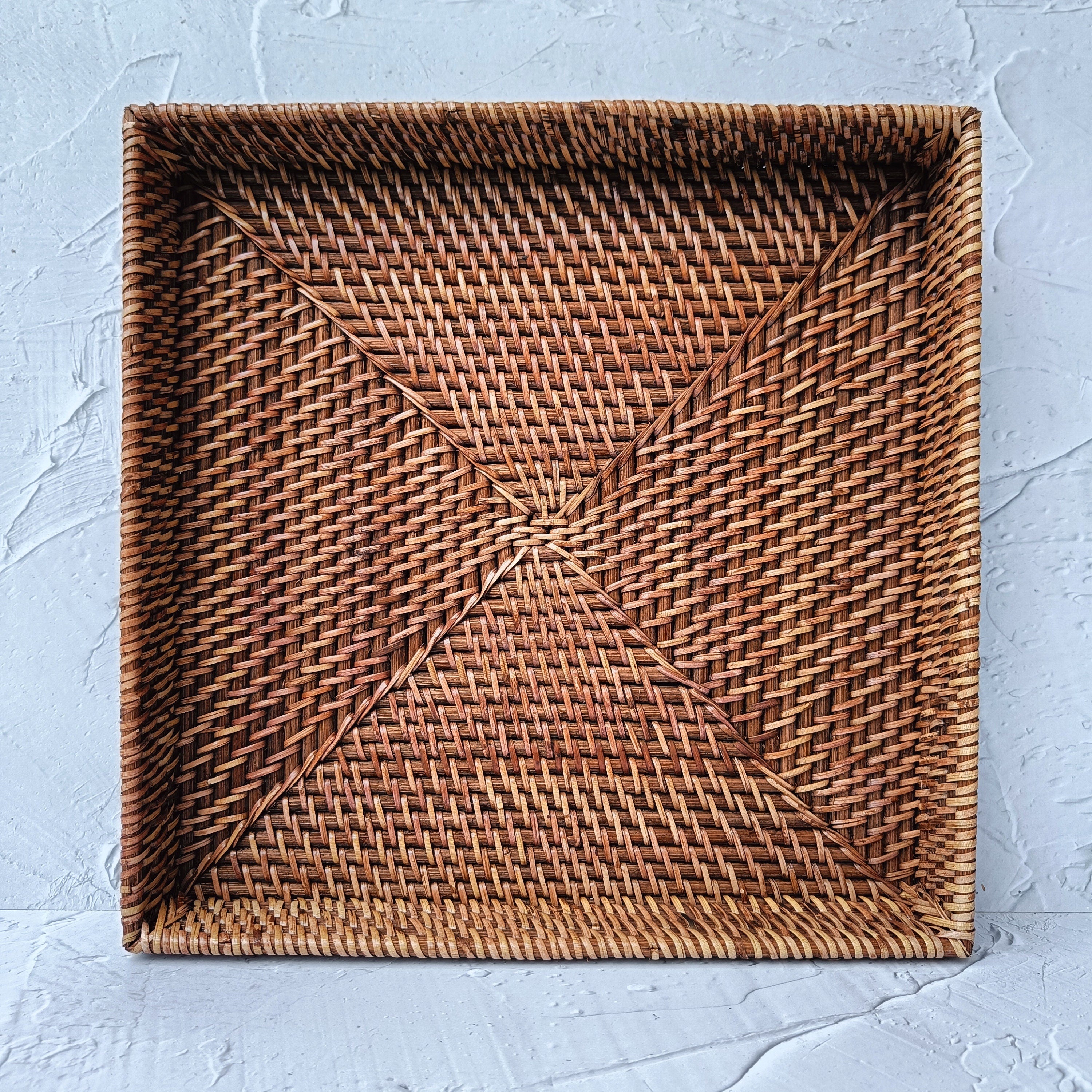 Aesthetic Dark Brown Woven Rattan Square Tray, Straw Serving Tray, Decorative Boho Tray for Table Decor