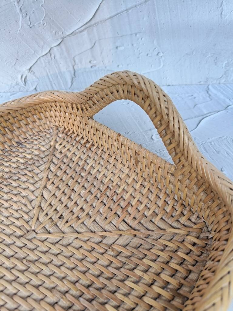 Handcrafted White Rattan Rectangle Tray With Round Handle, Wicker Serving Tray, Coffee Table Tray