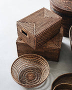 A pair of Dark Brown Woven Rattan Storage Box With Lid, Large Organizer Box, Wicker Rectangle Container
