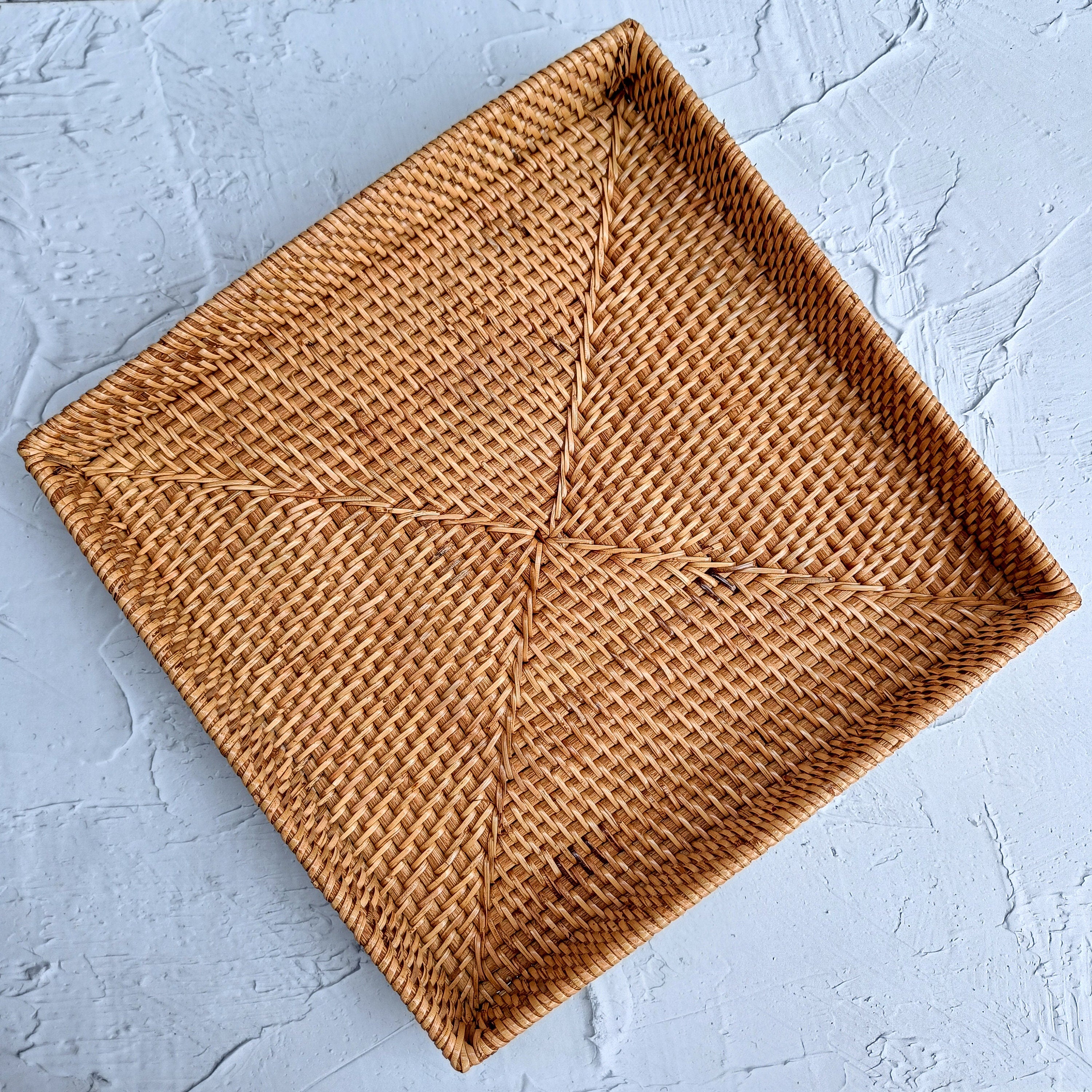 Aesthetic Hand Woven Honey Brown Rattan Square Tray, Decorative Boho Tray for Table Decor