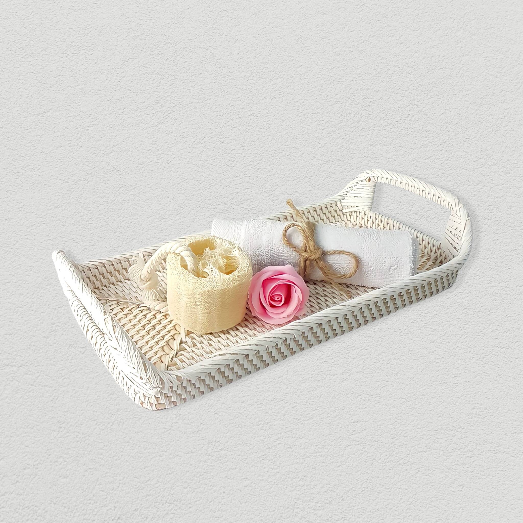 Rectangular Rattan White Tray - Wicker Serving Tray - Boho Tray For Coffee Table - Natural Home Decor