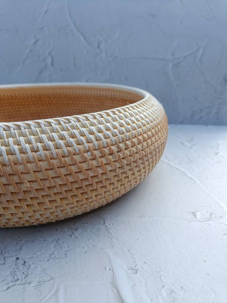 Handwoven Two Tone Round Rattan Bowl | Decorative Bowl | Fruit Basket | Round Boho Straw Serving Bowl for Table