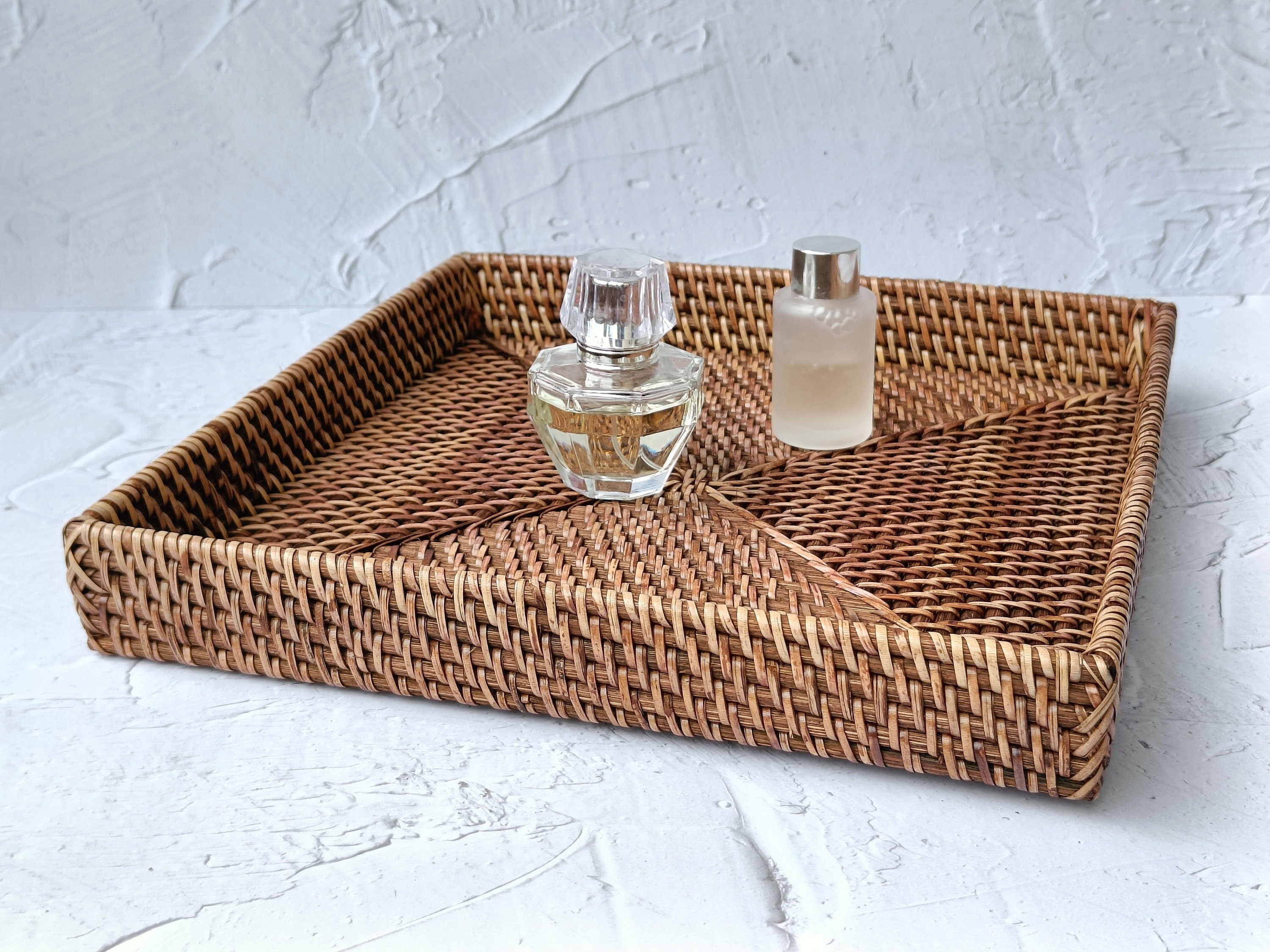 Aesthetic Dark Brown Woven Rattan Square Tray, Straw Serving Tray, Decorative Boho Tray for Table Decor
