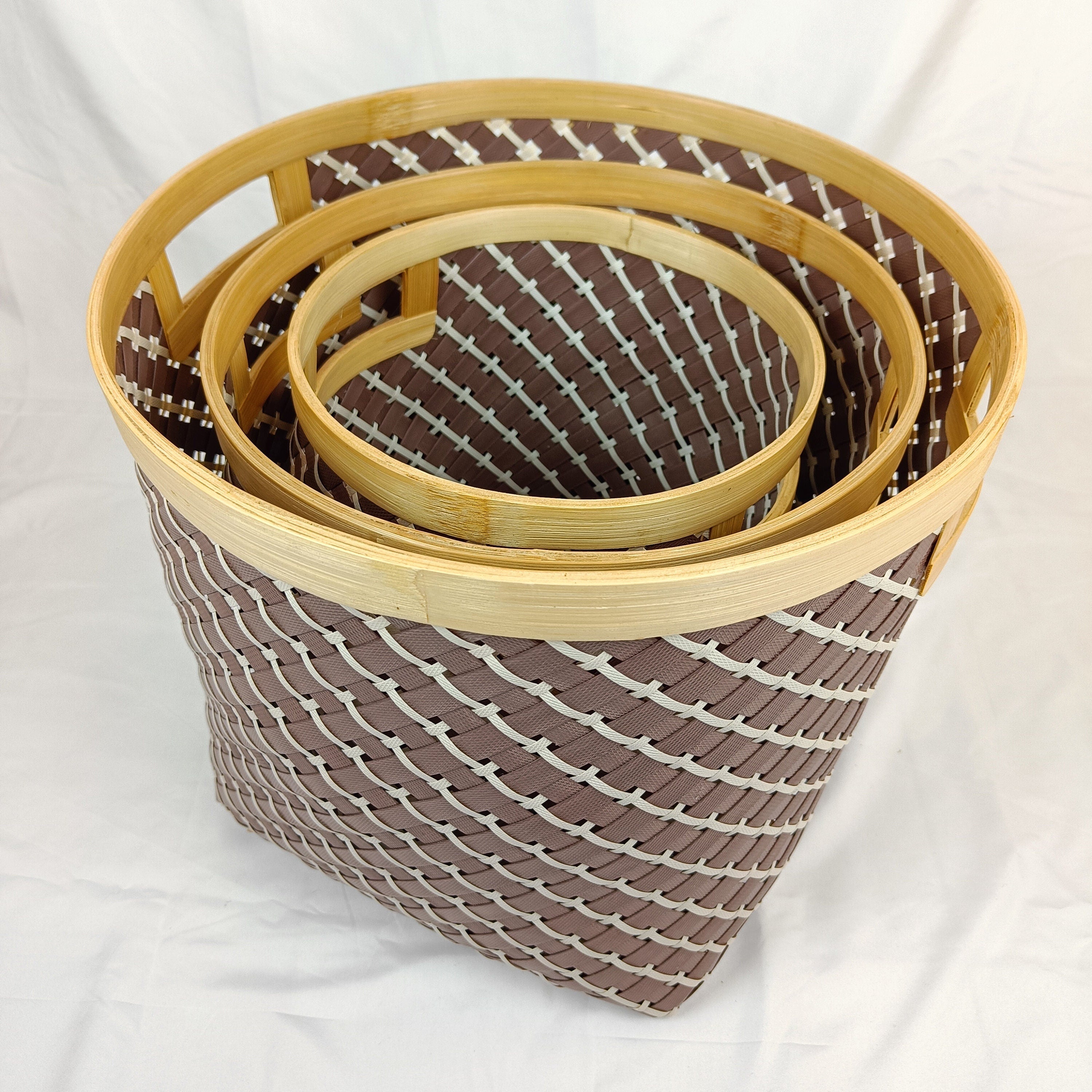 Set 3 Brown Round Bamboo Laundry Basket With Handle, Large Wicker Plant Stand