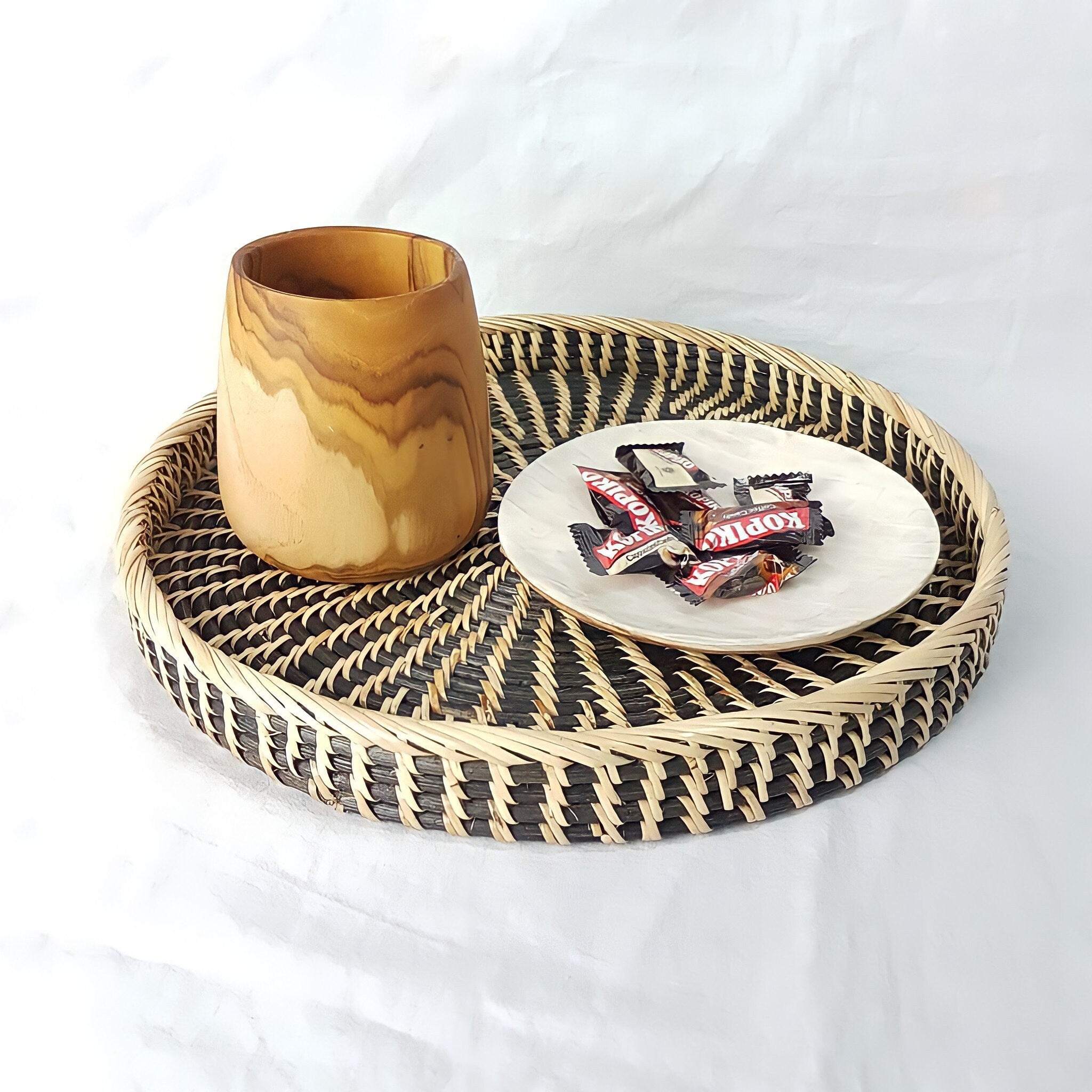 Handwoven Dual Tone Rattan Round Tray, Ottoman Tray, Coffee Table Tray, Round Boho Wicker Serving Tray for Table