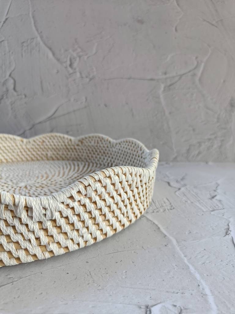 Wavy Decor Rattan Tray, Round Saucer Tray, Circular Tray, Perfume Tray, Bohemian Tray for Table Decor