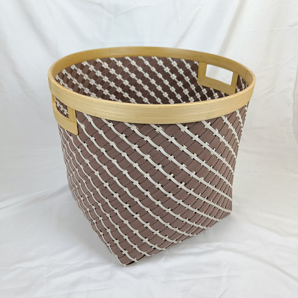Set 3 Brown Round Bamboo Laundry Basket With Handle, Large Wicker Plant Stand