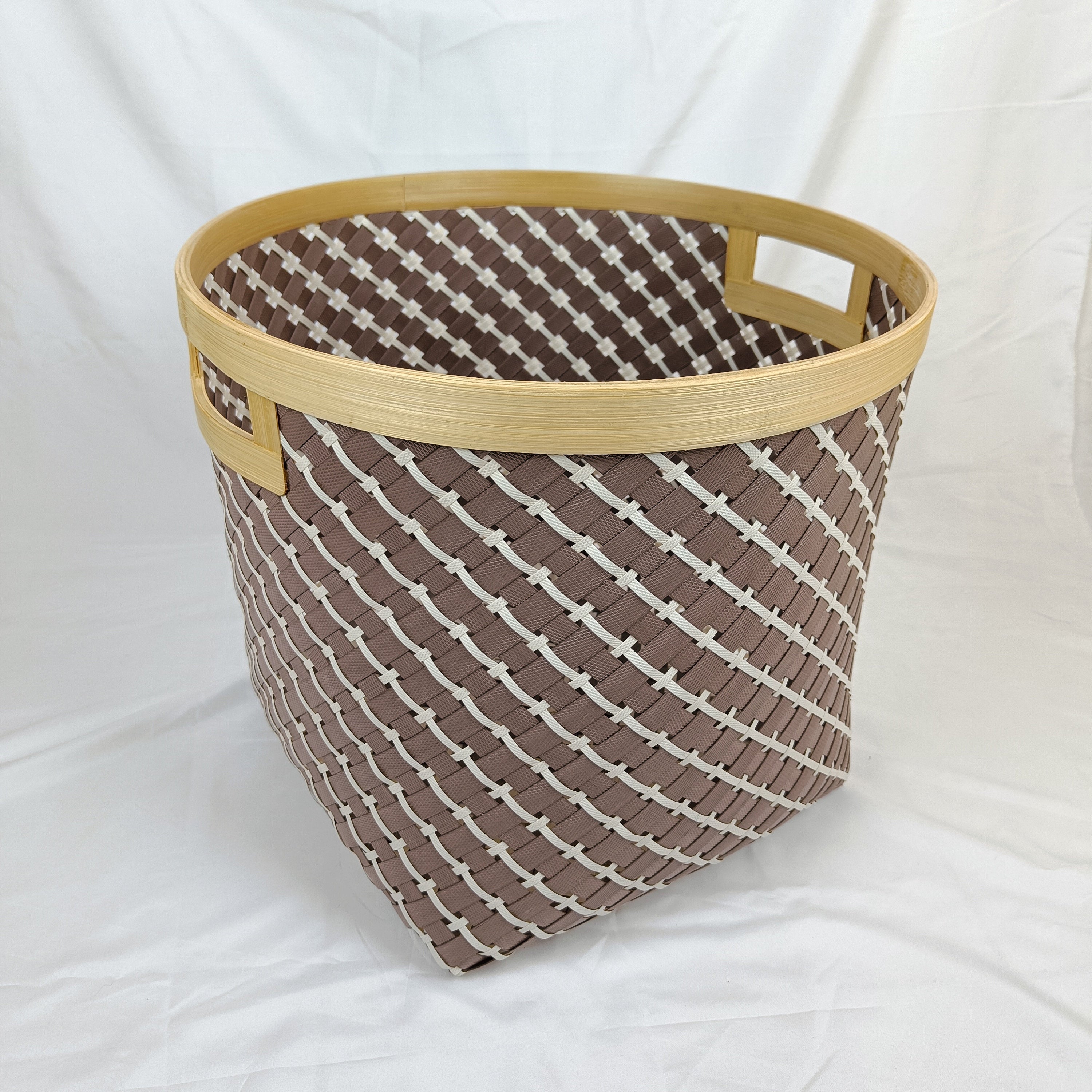 Set 3 Brown Round Bamboo Laundry Basket With Handle, Large Wicker Plant Stand