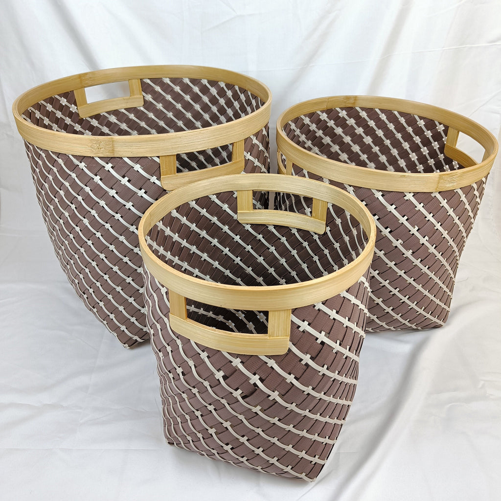 Set 3 Brown Round Bamboo Laundry Basket With Handle, Large Wicker Plant Stand
