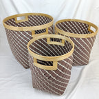 Set 3 Brown Round Bamboo Laundry Basket With Handle, Large Wicker Plant Stand