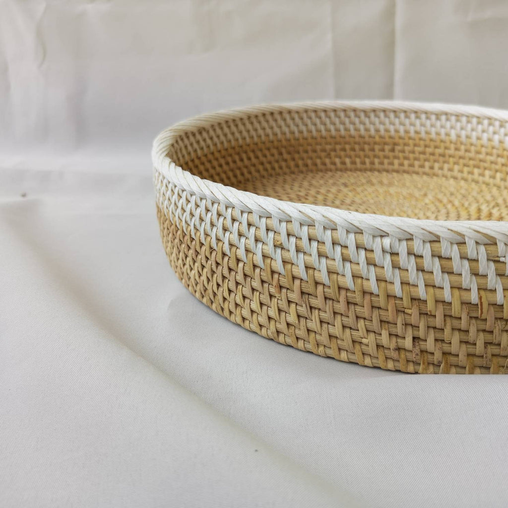 Beige and White Woven Rattan Tray - 25cm & 30cm Decorative Serving Tray for Coffee Table, Boho Home Decor Organizer