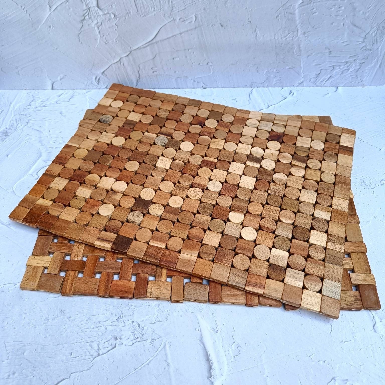 Natural Acacia Wood Rectangular Placemat (Unfolded), Wooden Table Runner, Vintage Kitchen Decor