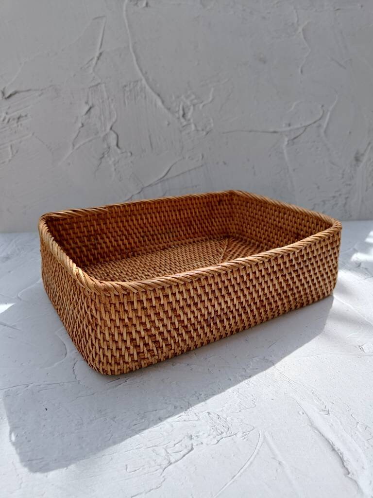 Handcrafted Rectangular Rattan Storage Box, Boho Straw Basket, Guest Towel Holder, Natural Home Decor