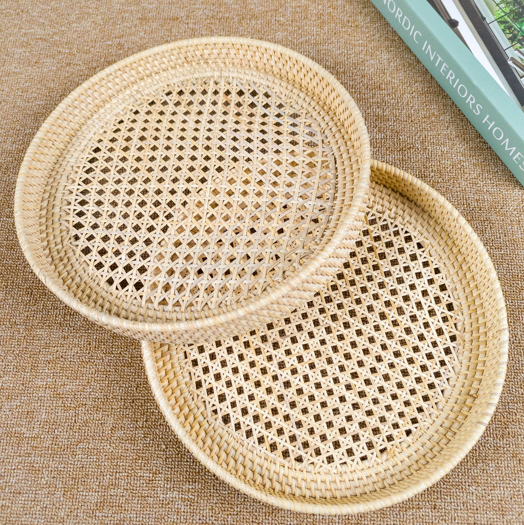Natural Round Rattan Webbing Tray, Coffee Table Tray, Ottoman Tray, Wicker Boho Serving Tray For Table