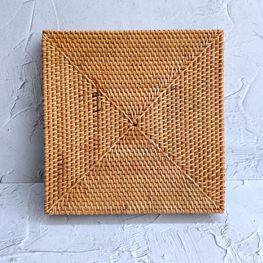 Aesthetic Hand Woven Honey Brown Rattan Square Tray, Decorative Boho Tray for Table Decor