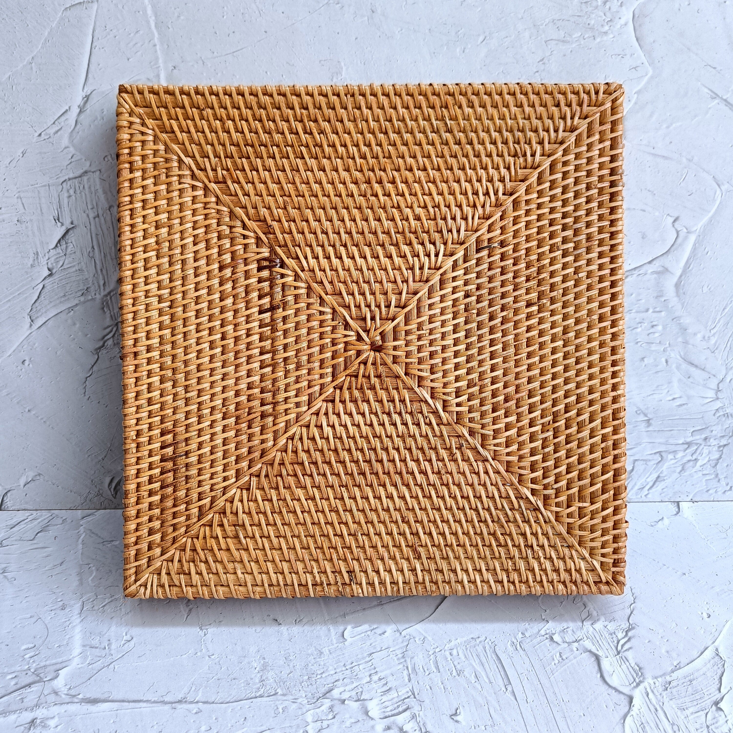 Aesthetic Hand Woven Honey Brown Rattan Square Tray, Decorative Boho Tray for Table Decor