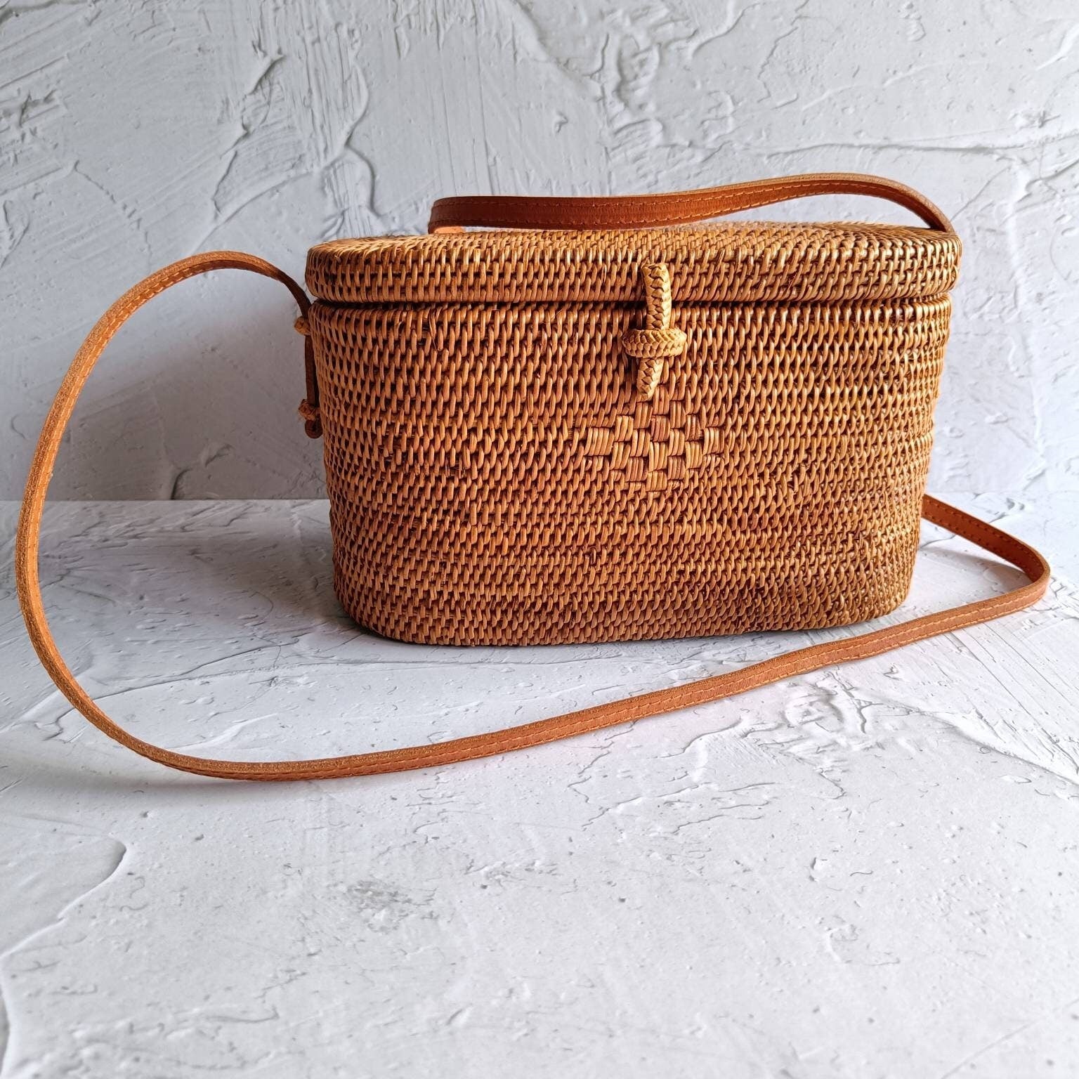 Handmade Bali Oval Rattan Bag With Leather Strap | Ata Bag | Straw Woven Bag | Bohemian Crossbody Bag