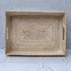 Serving Tray, White Wash Rectangular Rattan Tray With Cut Out Handle, Breakfast Tray