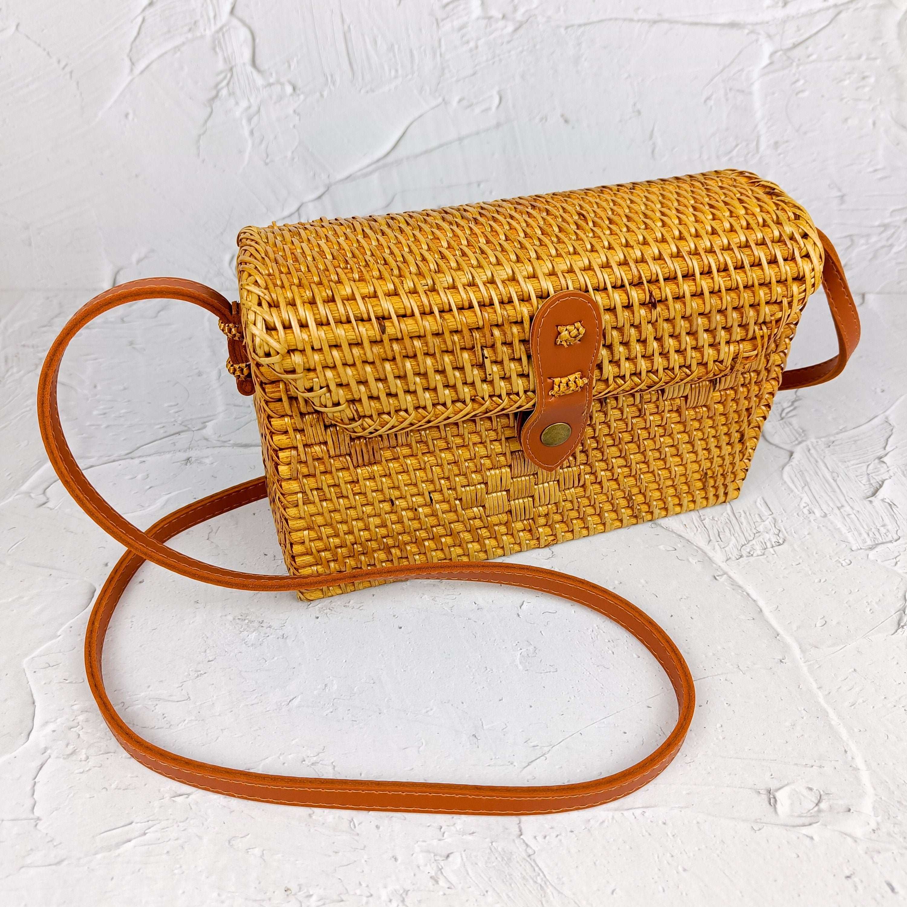 SEGI Handmade Rattan Bag With Leather Strap | Straw Woven Bag | Bohemian Crossbody Bag