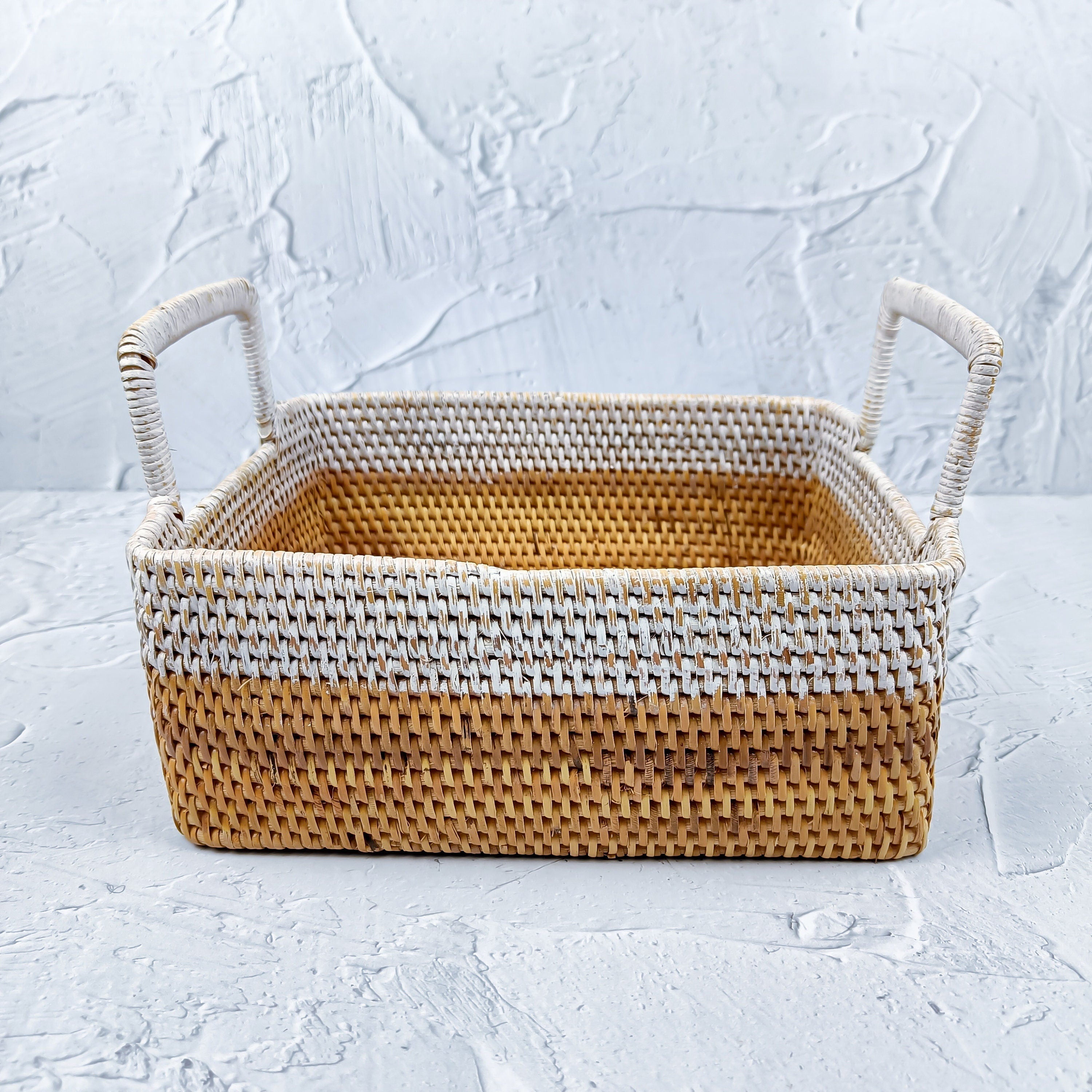 Rectangular Two-Tone Rattan Decorative Serving & Storage Tray with High Handles