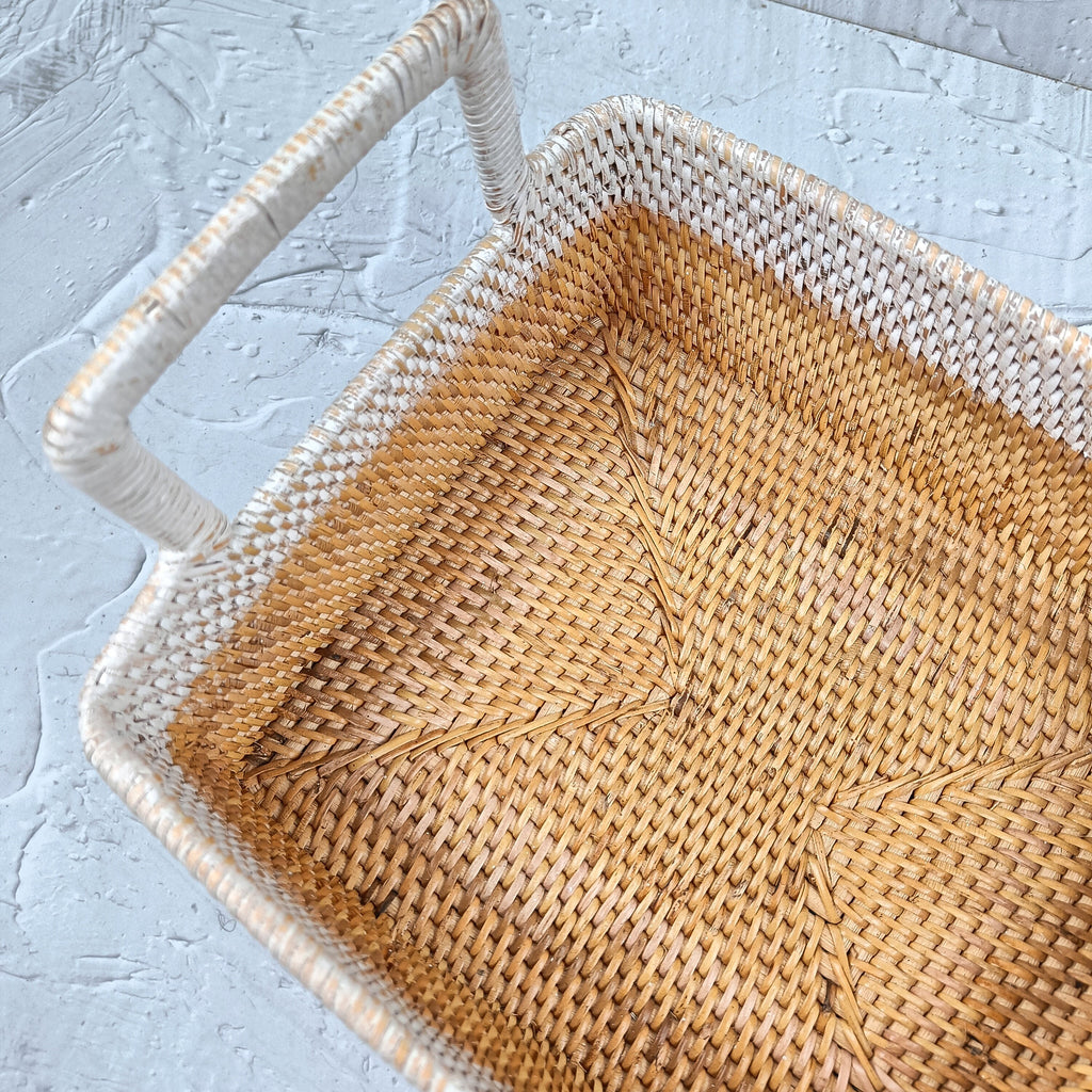 Rectangular Two-Tone Rattan Decorative Serving & Storage Tray with High Handles