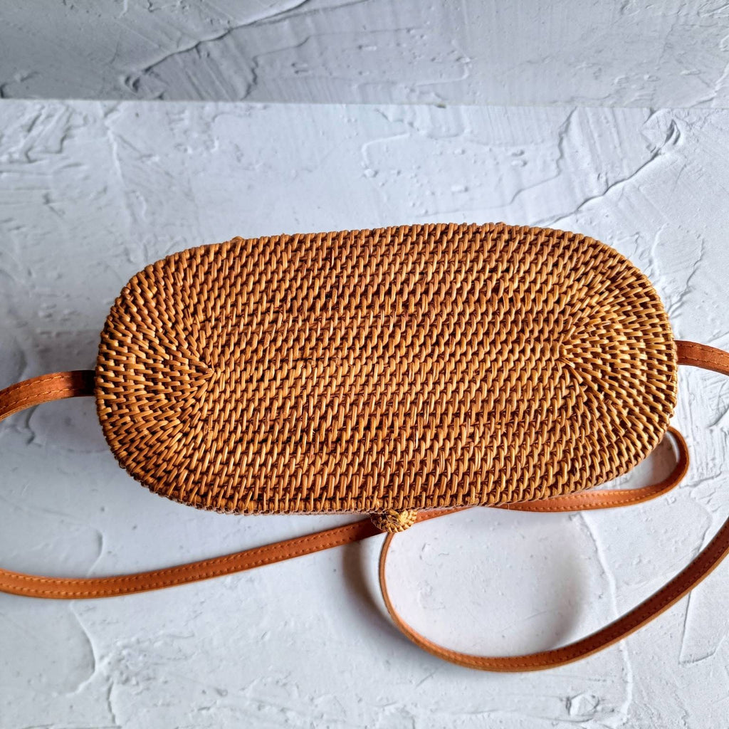 Handmade Bali Oval Rattan Bag With Leather Strap | Ata Bag | Straw Woven Bag | Bohemian Crossbody Bag