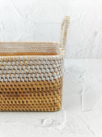 Rectangular Two-Tone Rattan Decorative Serving & Storage Tray with High Handles