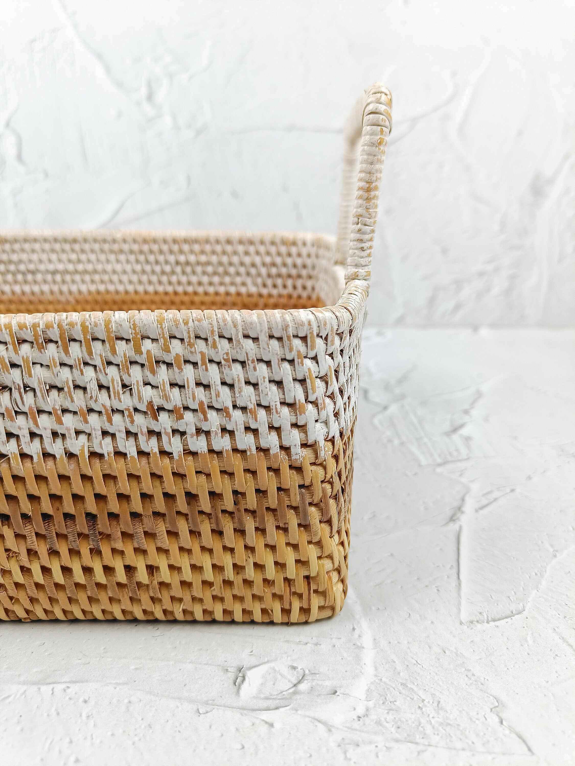 Rectangular Two-Tone Rattan Decorative Serving & Storage Tray with High Handles