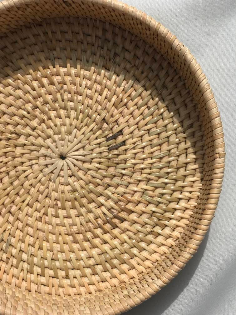 Small Natural Round Rattan Tray, Plaited Decorative Tray
