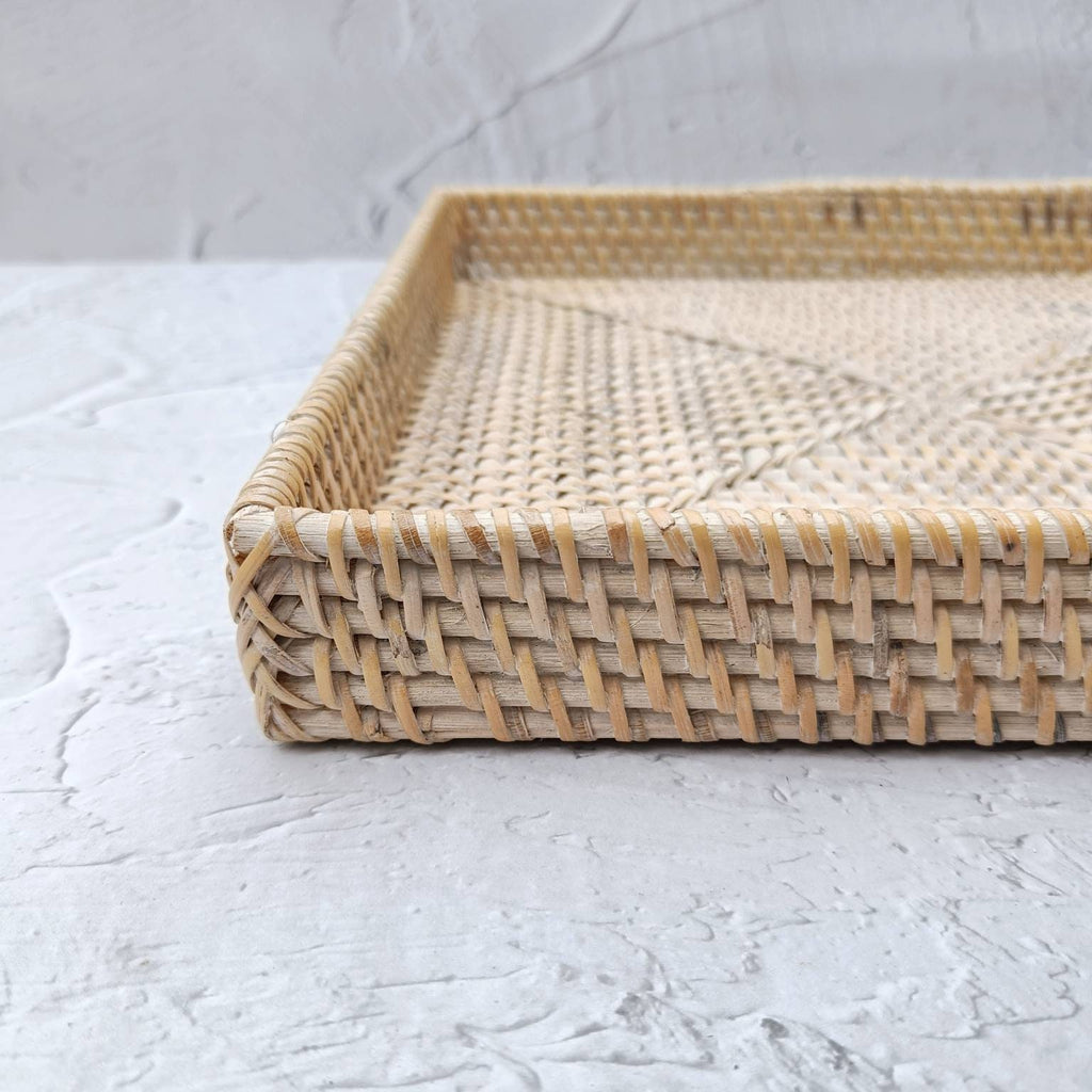 White Woven Rattan Square Tray, Straw Serving Tray, Decorative Boho Tray for Table Decor, Perfume Tray