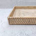 White Woven Rattan Square Tray, Straw Serving Tray, Decorative Boho Tray for Table Decor, Perfume Tray