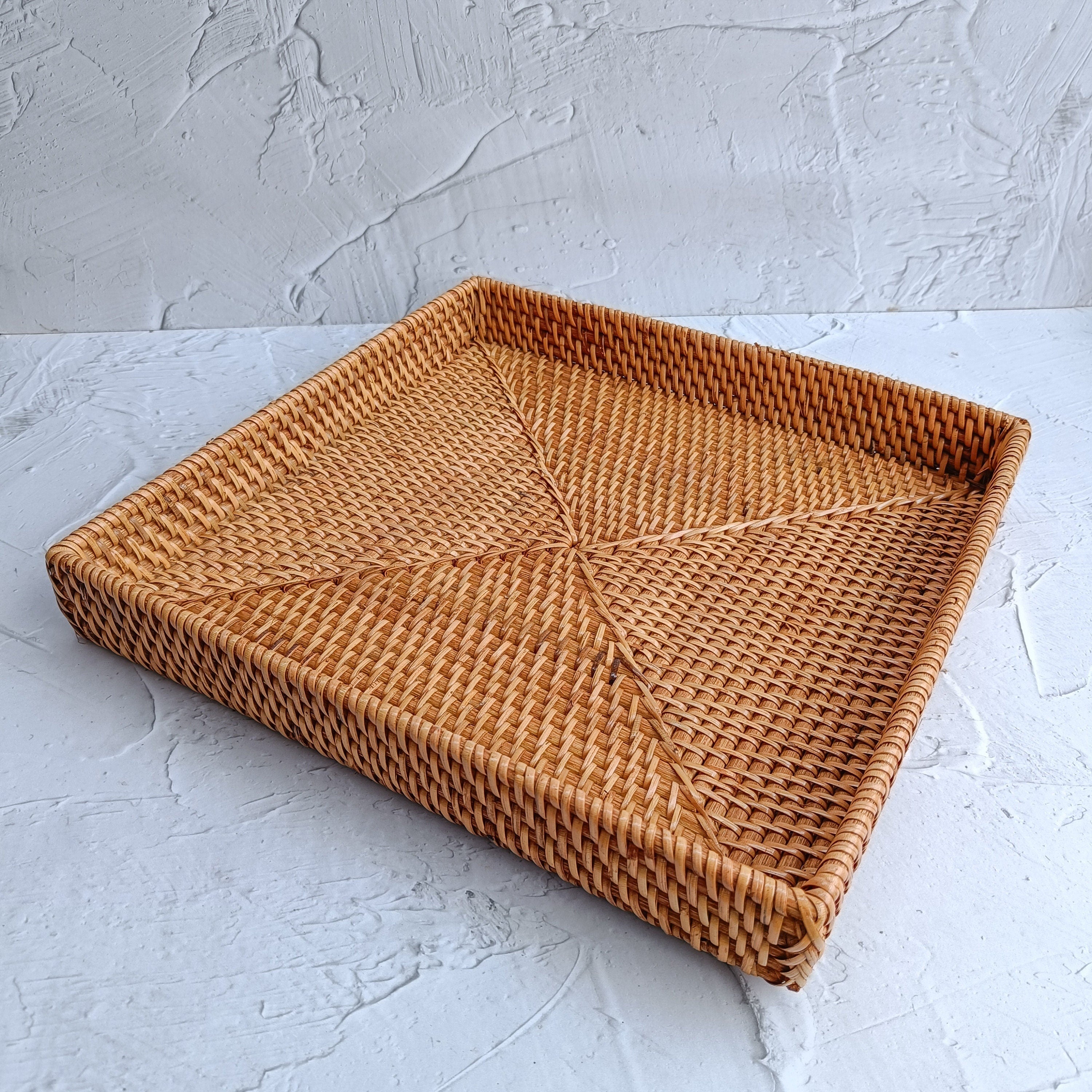Aesthetic Hand Woven Honey Brown Rattan Square Tray, Decorative Boho Tray for Table Decor