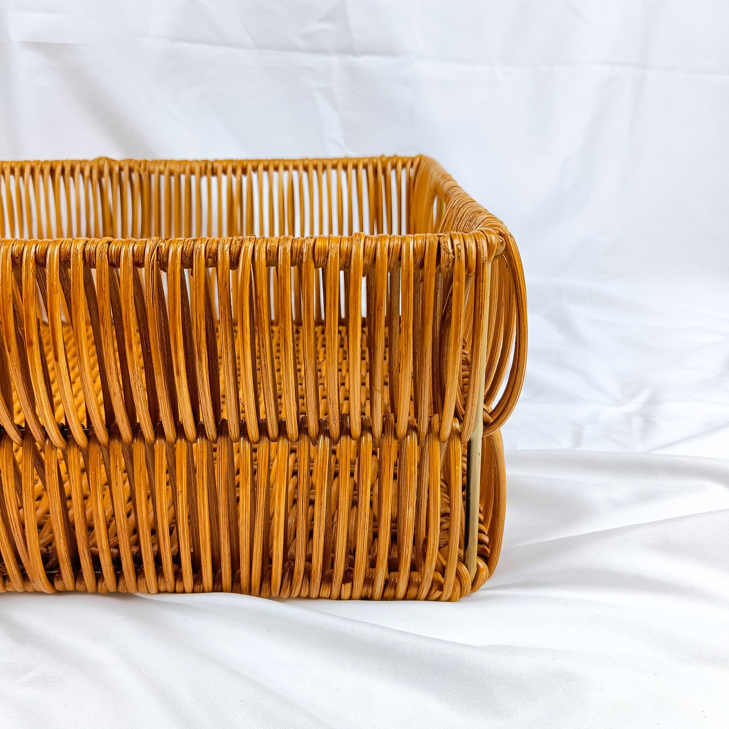 Handwoven Rattan Storage Solution with Iron Frame and Insert Handle, Wicker Shelf Basket