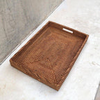NAMA Brown Woven Rattan Tray With Insert Handle  - Wicker Serving Tray - Boho Tray For Coffee Table