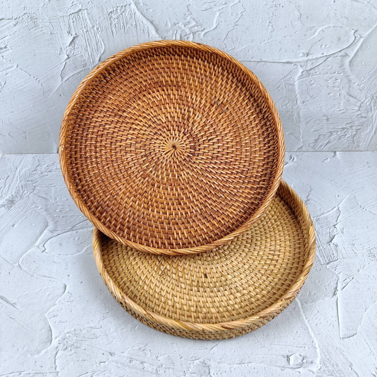 Woven Round Rattan Tray, Boho Tray, Small Round Basket, Wicker Decorative Tray