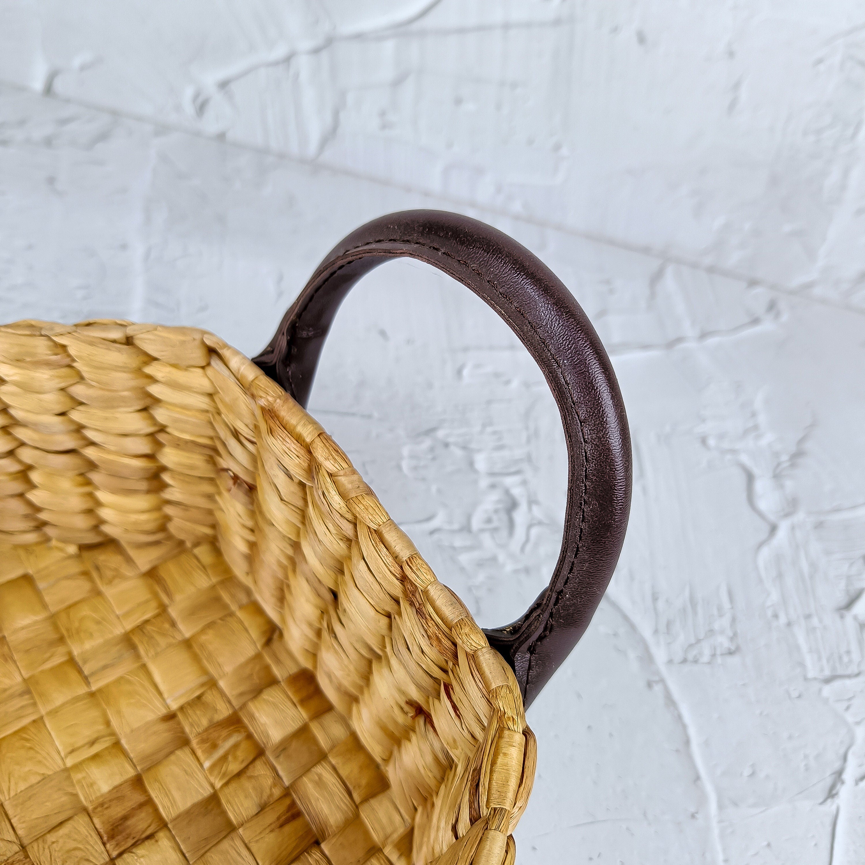 Handwoven Hexagonal Water Hyacinth Basket with Tall Synthetic Leather Handle, Decorative Tray