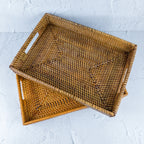 Classic Handmade Natural Woven Rattan Rectangle Tray with Handles for Serving and Decorating - Perfect for Coffee Tables and Home Decor