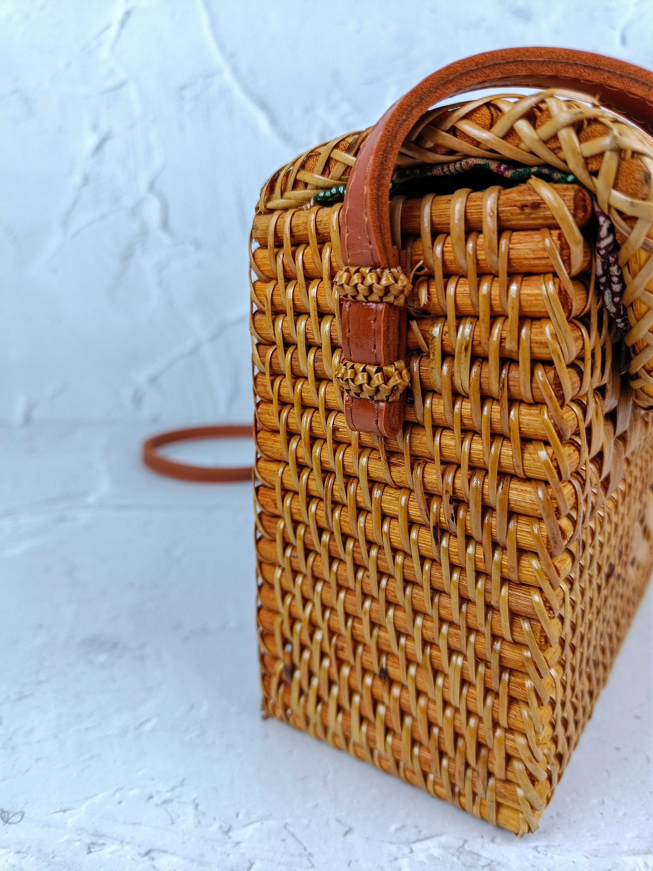 SEGI Handmade Rattan Bag With Leather Strap | Straw Woven Bag | Bohemian Crossbody Bag