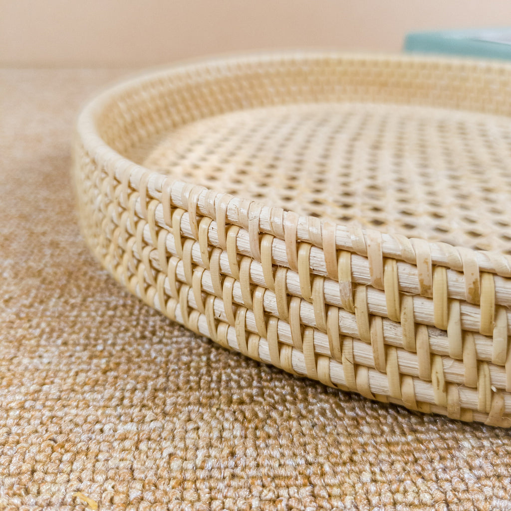 Natural Round Rattan Webbing Tray, Coffee Table Tray, Ottoman Tray, Wicker Boho Serving Tray For Table