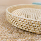 Natural Round Rattan Webbing Tray, Coffee Table Tray, Ottoman Tray, Wicker Boho Serving Tray For Table